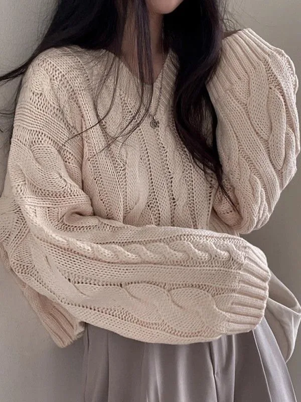 Pullovers women sweater 2026 casual retro twist V-neck long-sleeved autumn new loose short knitted top women's clothing