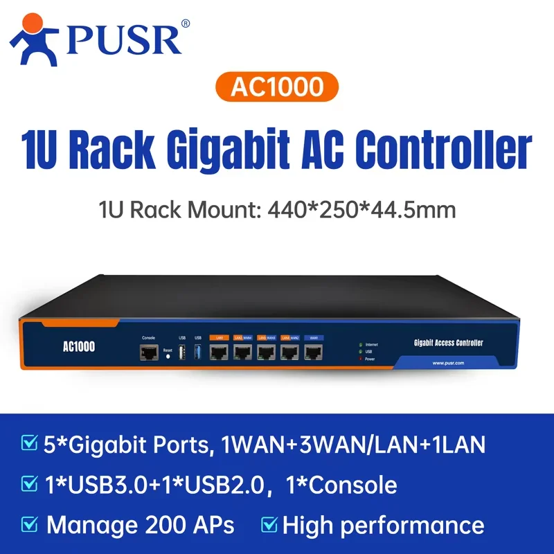 PUSR Commercial Wireless Access Controller Centralized Management AP 1U Rack Mount For 200PCS Wireless AP Gigabit Ports AC1000