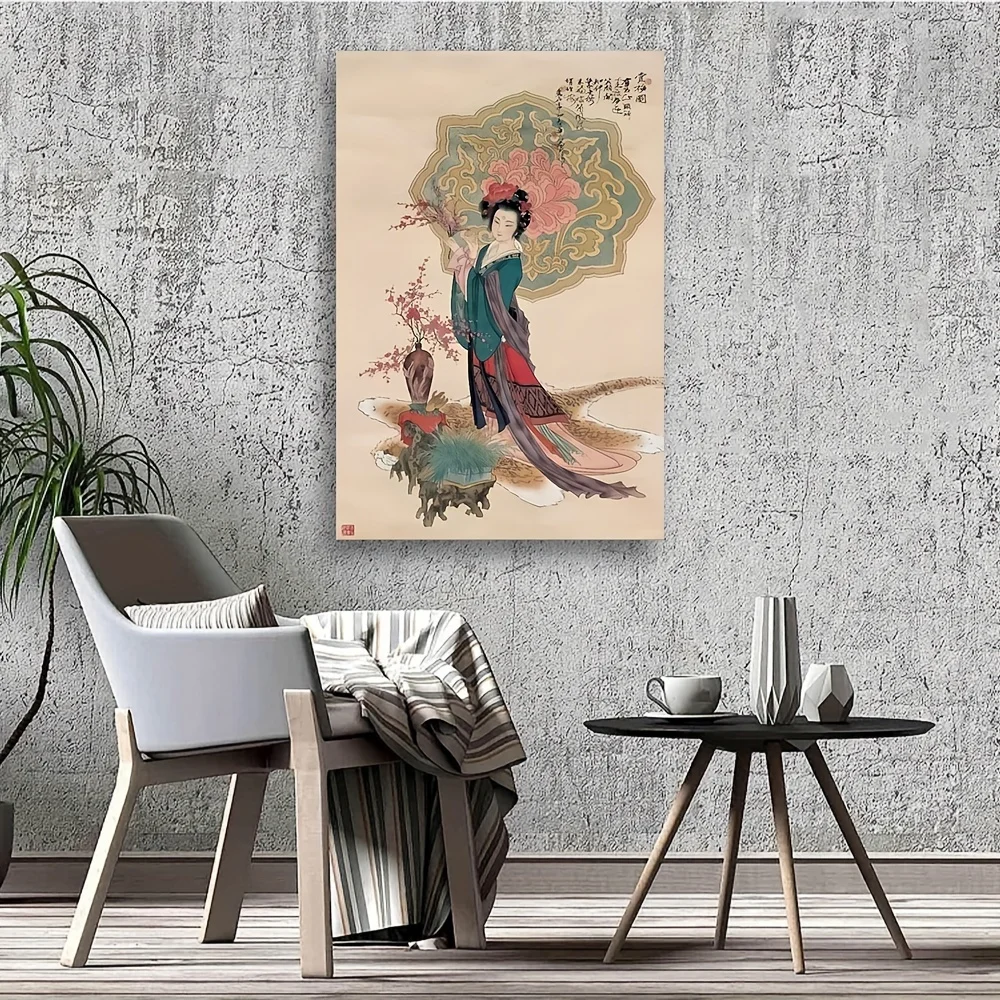 A painting of an ancient woman in a green and gold robe canvas poster for living room, bedroom, kitchen and room decor