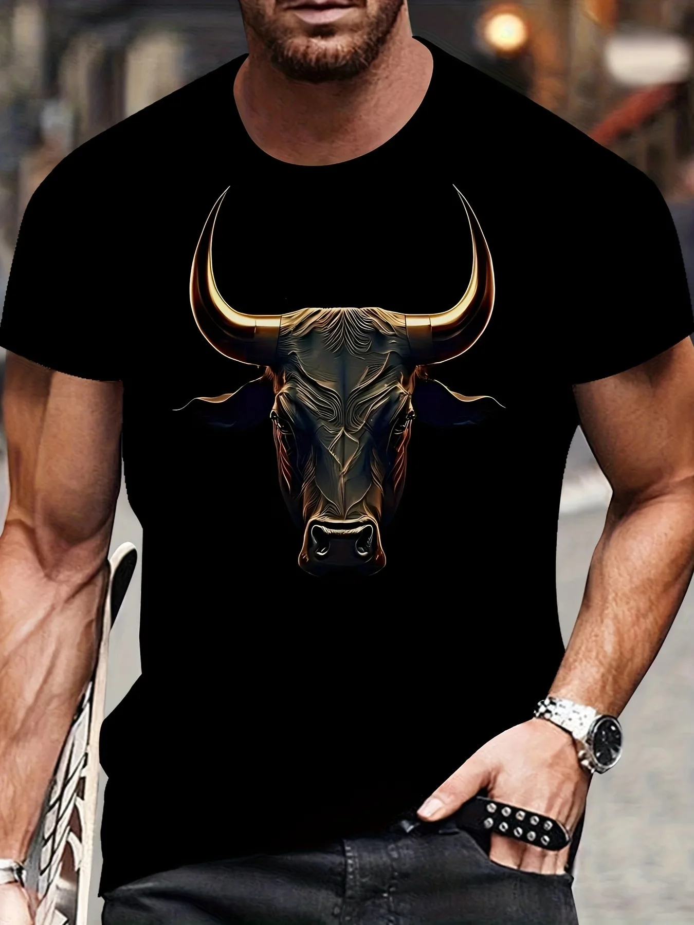 Men's 3D Printed Bull Head Graphic T-Shirt Streetwear TShirt Vivid Gold Black Design Round Neck Short Sleeve Casual Summer Shirt