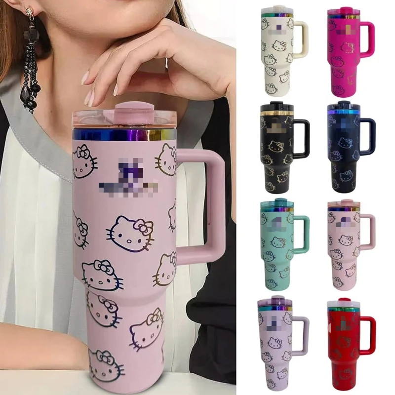 

40oz/1180ml HelloKitty 304 Stainless Steel Insulated Cup Kawaii Cartoon KT Cat Portable Large Capacity Straw Cup Holiday Gifts