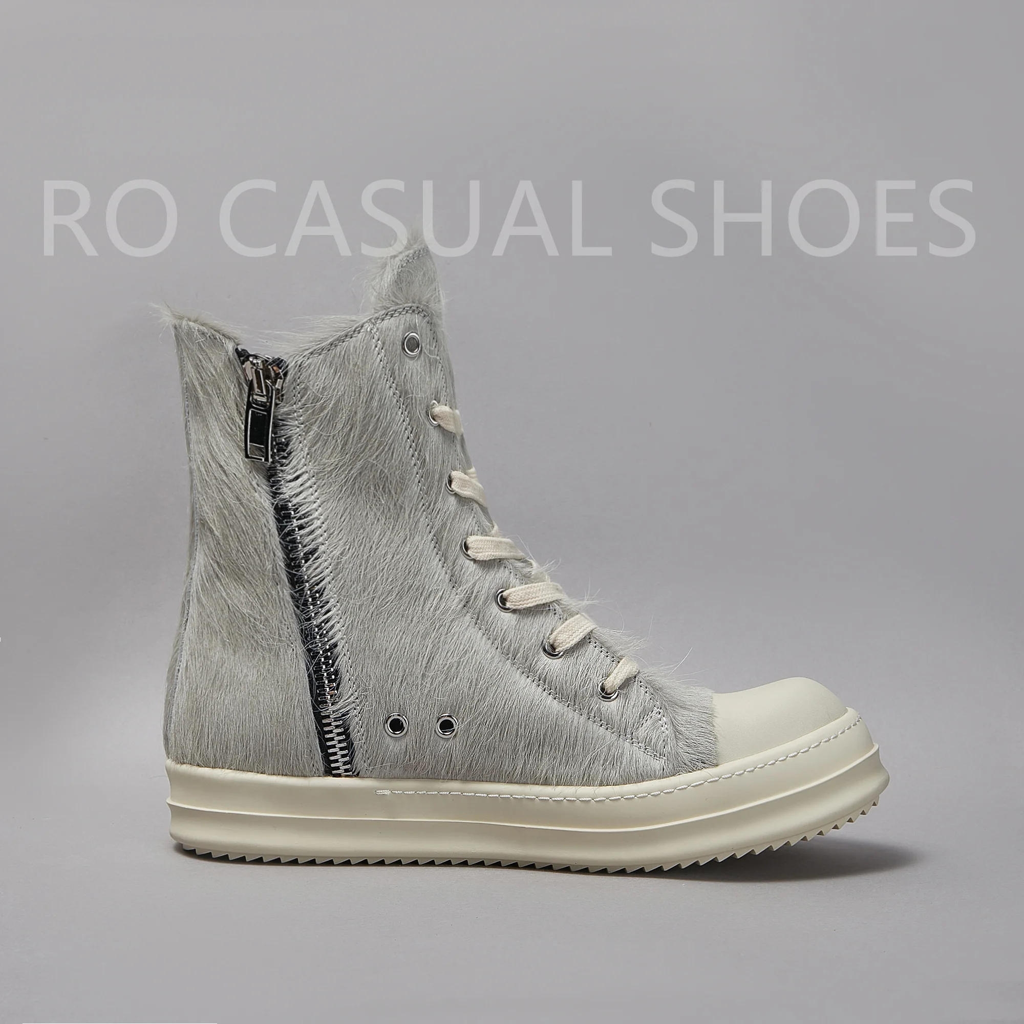 Ricks Genious Grey Horse hair High Top Lace Up Owens Quality Men Shoe Zipper Women Sneaker Casual Owens Design boots & Shoes