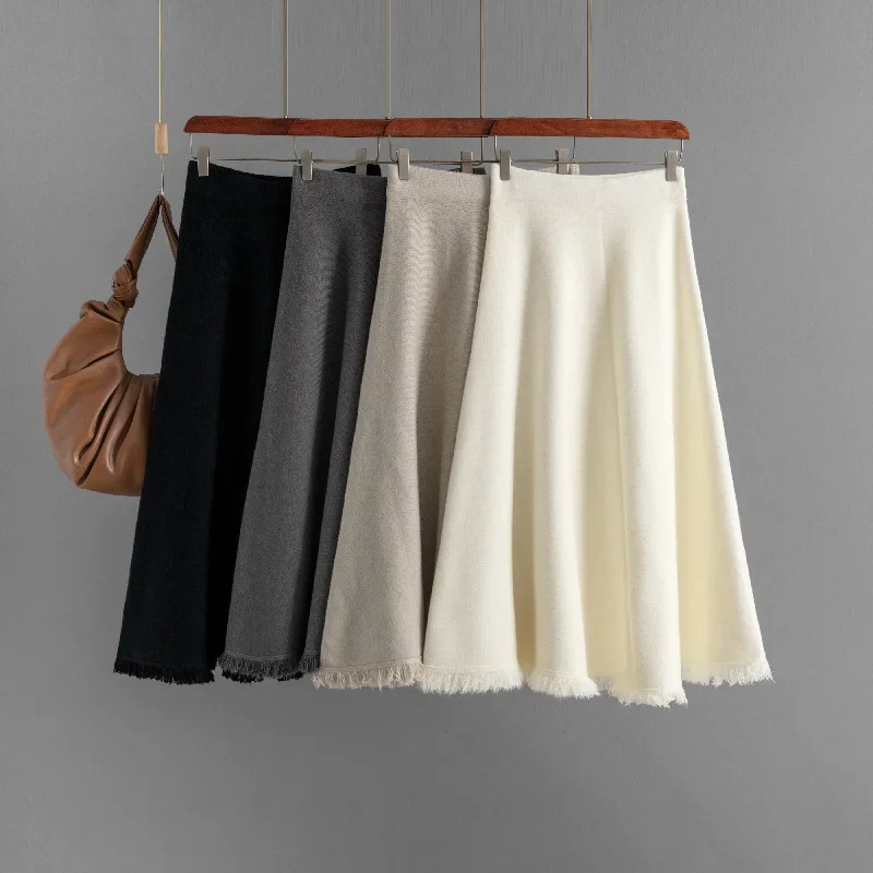 

2025 New Elegant Thickened Knit Skirt for Women High-Waisted A- Line Slimming Medium-Length Solid Color Umbrella Skirt CQ184