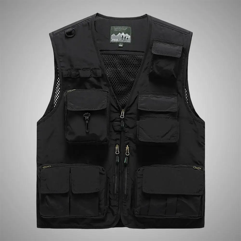 Fishing Vest Multi Pockets Sleeveless V Neck Net Yarn Vest Cargo Vest Summer Loose Pure Color Waistcoat Outdoor Fishing Jacket