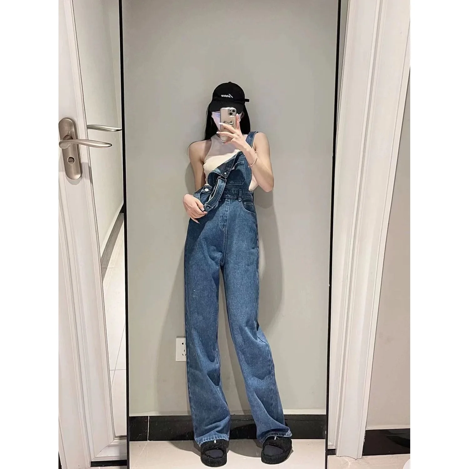 plus Size Denim Overalls Women's High Waist Straight Leg Wide Leg Long Pants Spring Autumn Vintage Hong Kong Style Slimming