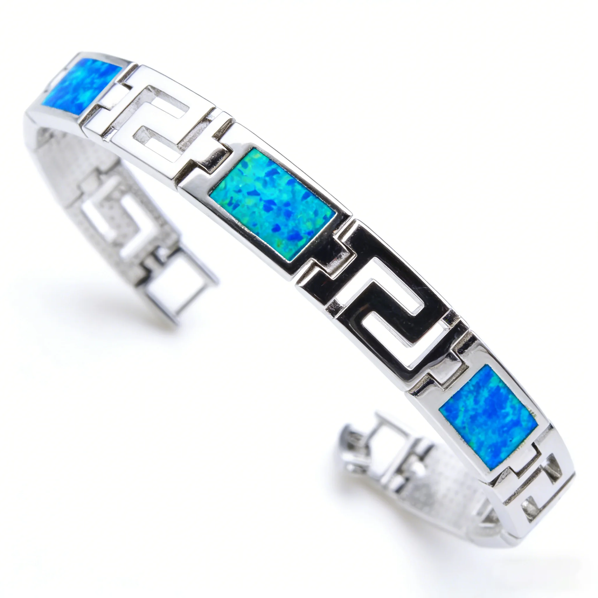 Image of Griechisches Schlüssel-Opal-Armband, silberfarbene Kette mit schillernden blauen synthetischen Opalen, elegante Resort-Kleidung, Boho-Chic-Schmuck, Geschenk für