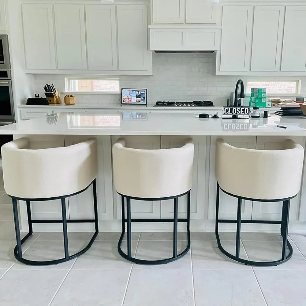 

Bar Stools For Kitchen,Set Of 3 Linen Upholstered Barrel Bar Height Stools, 24" H,with Black Metal Frame,bars Stools