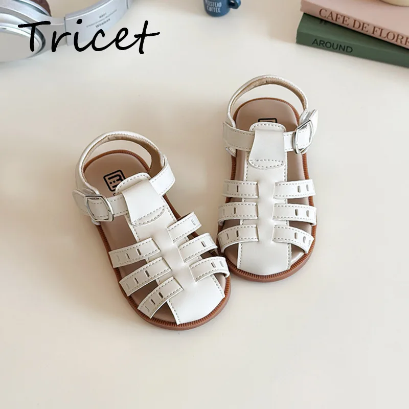 

Summer Solid PU Leather Boys Girls Sandals Weave Closed Toe Children T Strap Sandals Hook Loop Soft Bottom Kids Beach Shoes