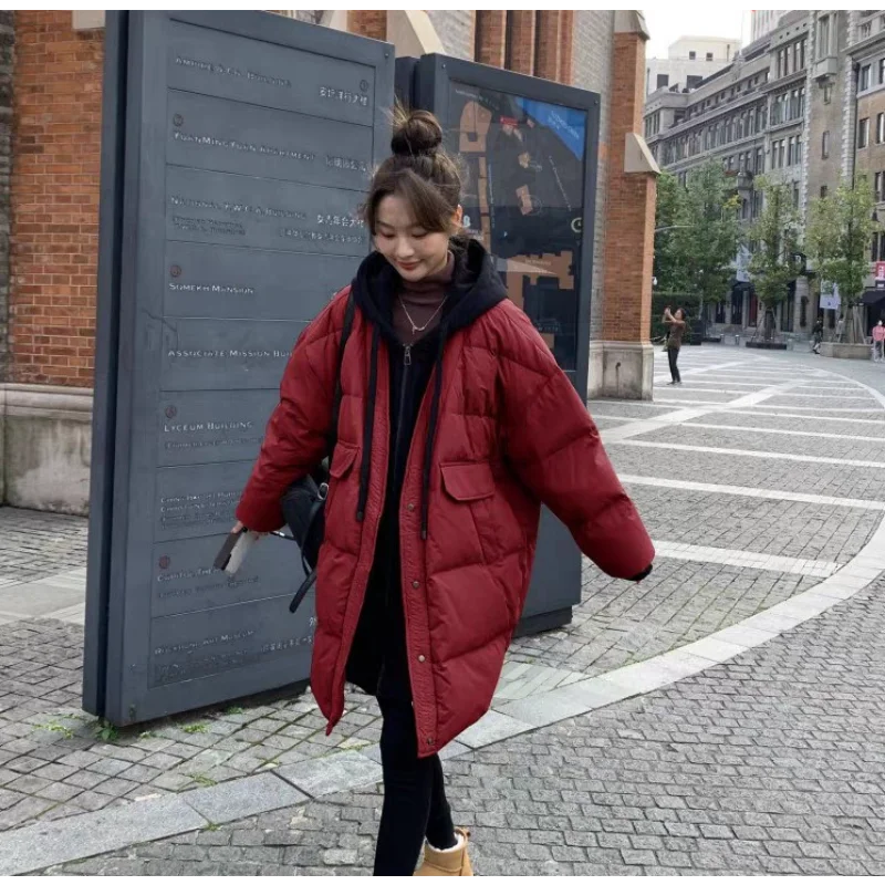 سترة نسائية متوسطة الطول مع غطاء للرأس، تصميم مكون من قطعتين، معطف دافئ سميك فضفاض لشتاء 2025، عصري