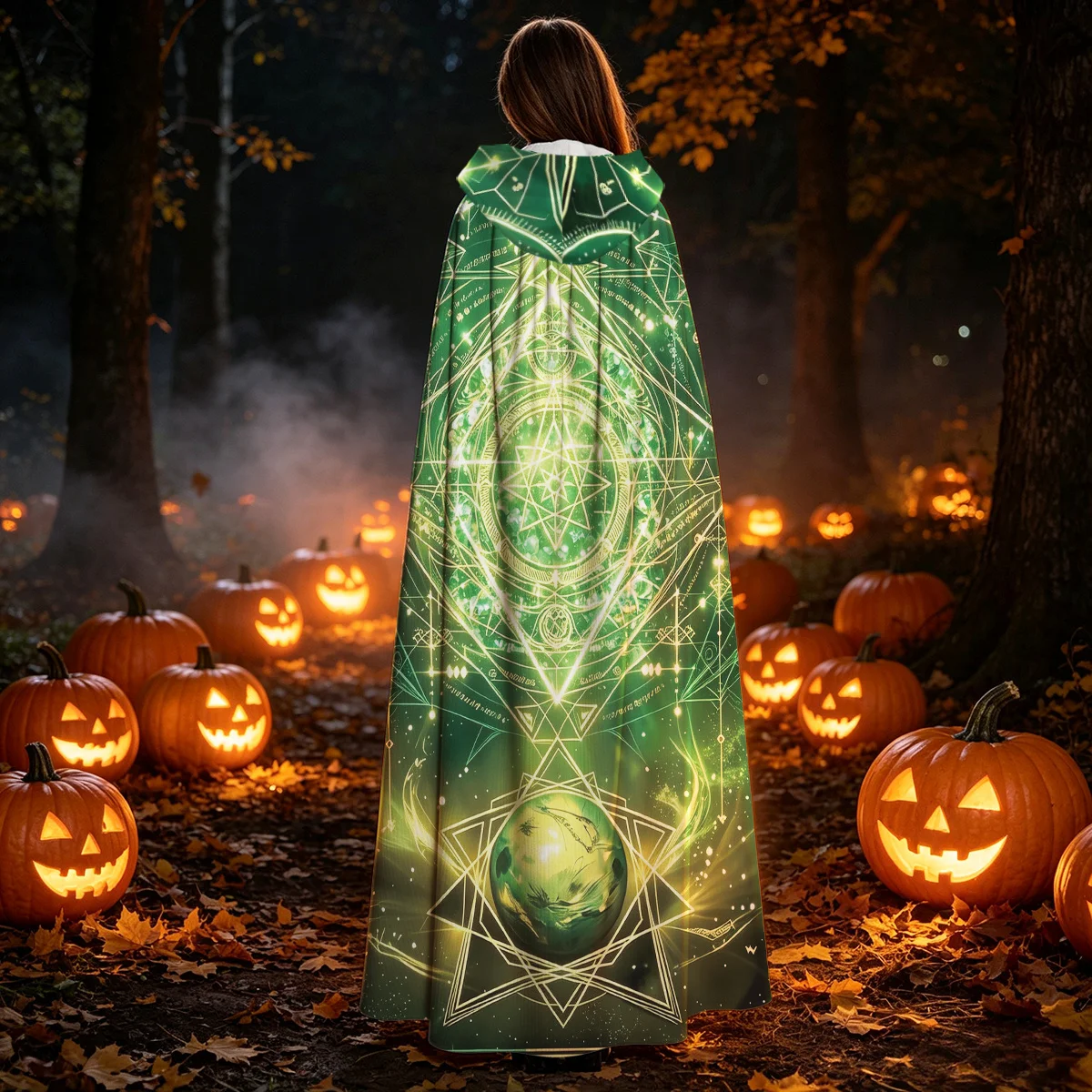 1pc Glowing Hooded Cloak Cape with Green Golden Mystic Occult Symbols - Hooded Long Robe Suitable for Witch Wizard Medieval
