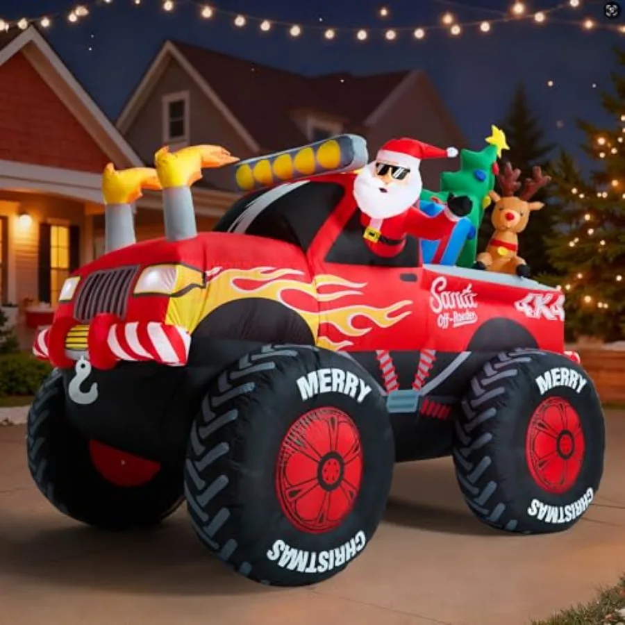 

Outdoor Christmas inflatable Santa in monster truck theme, PVC material, red and white color, weather-resistant for garden lawn
