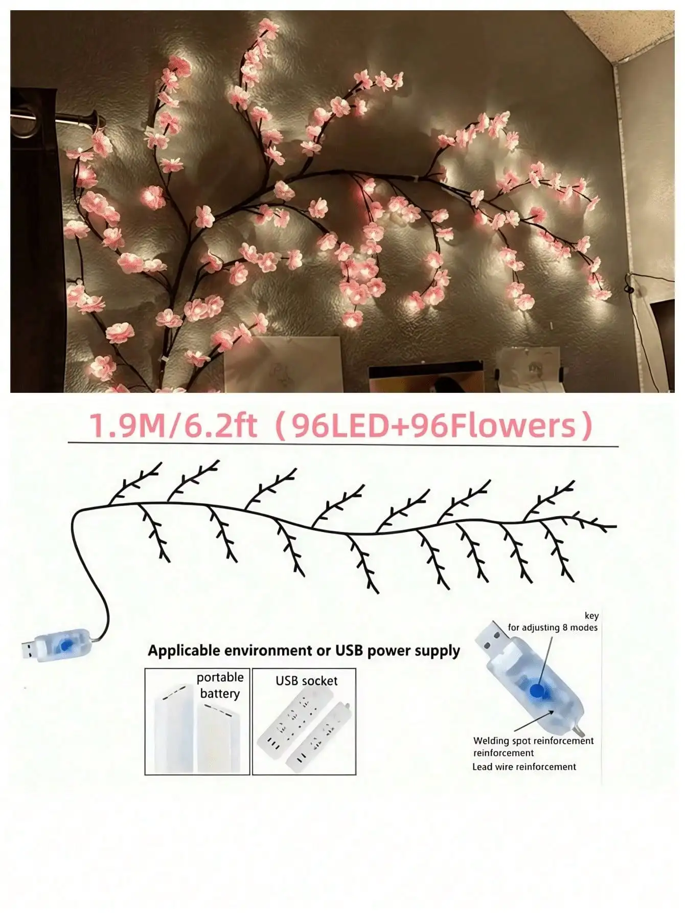 1PC Cherry Blossom Willow Vine LED Branch Light USB Powered 8 Lighting Modes Flexible Bendable Twig Fairy Light Indoor & Outdoor Wall Decor for Living Room Bedroom Wedding Party Valentine Birthday Graduation Gift
