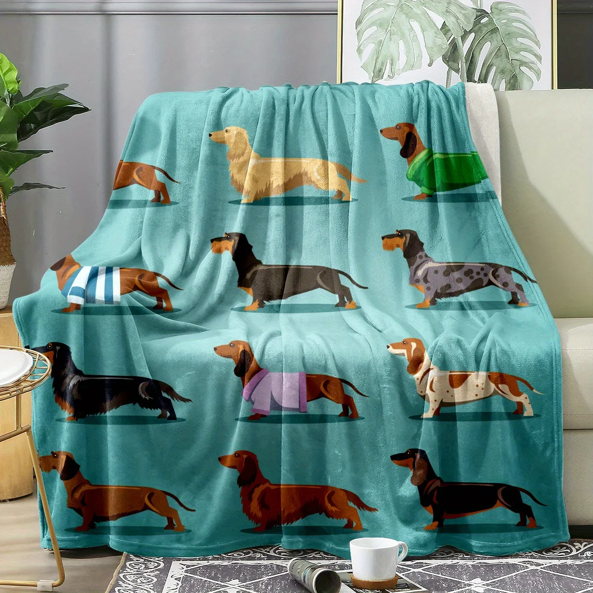 1pc Soft Blue Grey Dachshund Fleece Flannel Blanket - Cute Doxie Plush, Perfect for Adults & Women