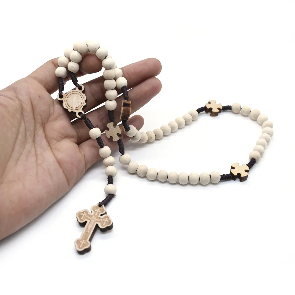 White Wooden Beads Cross Necklace Religious Jewelry Catholic Rosary Necklace Orthodox Christ Prayer Beaded Necklace Dropshipping