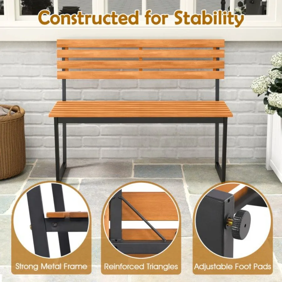 مقعد خارجي من خشب السنط مع مسند ظهر وإطار معدني شديد التحمل