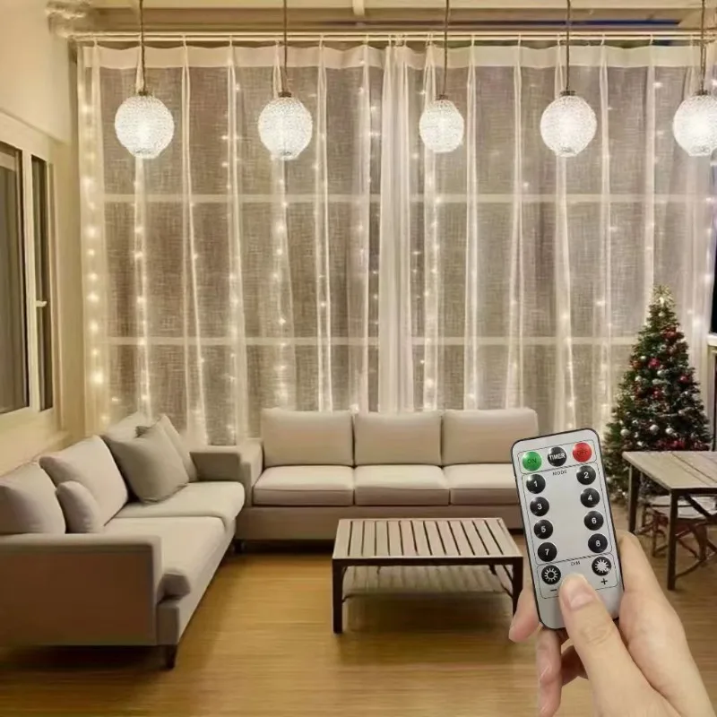 Światła LED w kształcie kurtyny USB z pilotem, 3x1M/3x2M/3x3M, 8 trybów, dekoracja świąteczna, ślubna, do sypialni, lampki dekoracyjne