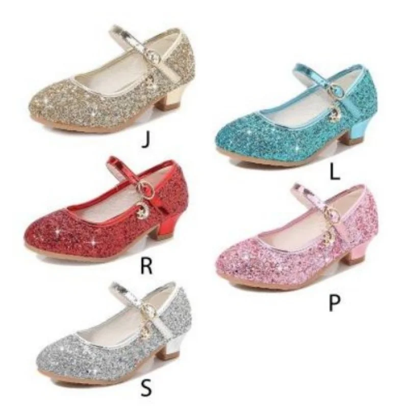 Children's Girls High Heeled Princess Style Cute Simple Flower Shoes Full Sequin Dance Shoes