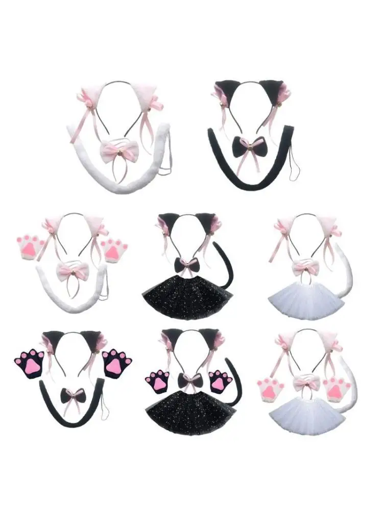 

652F Cats Roleplay Costume Set for Women Plush Ear Headbands/Collar/Tail/Paws Gloves Halloween Party Anime Props Clothing