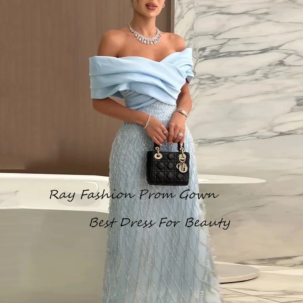 Ray Fashion Mermaid Prom Dress V Neck Off Shoulder With Short Sleves Ankle Length Evening Gowns فساتين سهرة Saudi Arabia