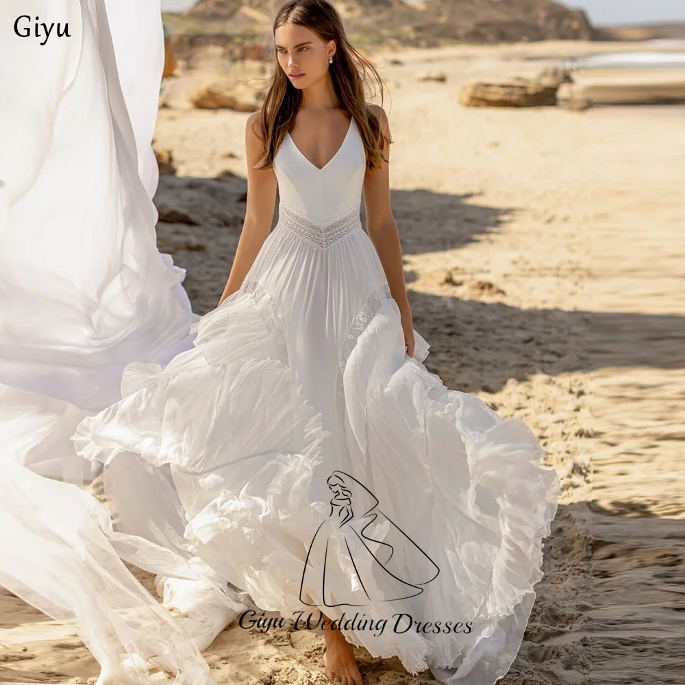 Giyu Elegant A-line Wedding Dresses For Woman Deep V-Neck Sleeveless Bridal Gown Customized Lace Decoration Vestidos Novias Boda