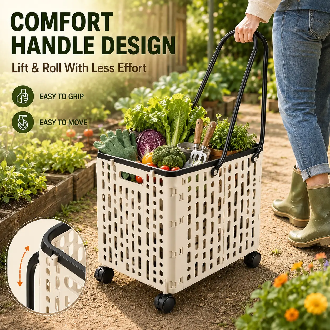 Foldable Rolling Shopping Basket Cart With Handles And Wheels, 5.55gal/7.13gal Collapsible Utility Cart For Groceries, Laundry, Picnic, And Home Storage