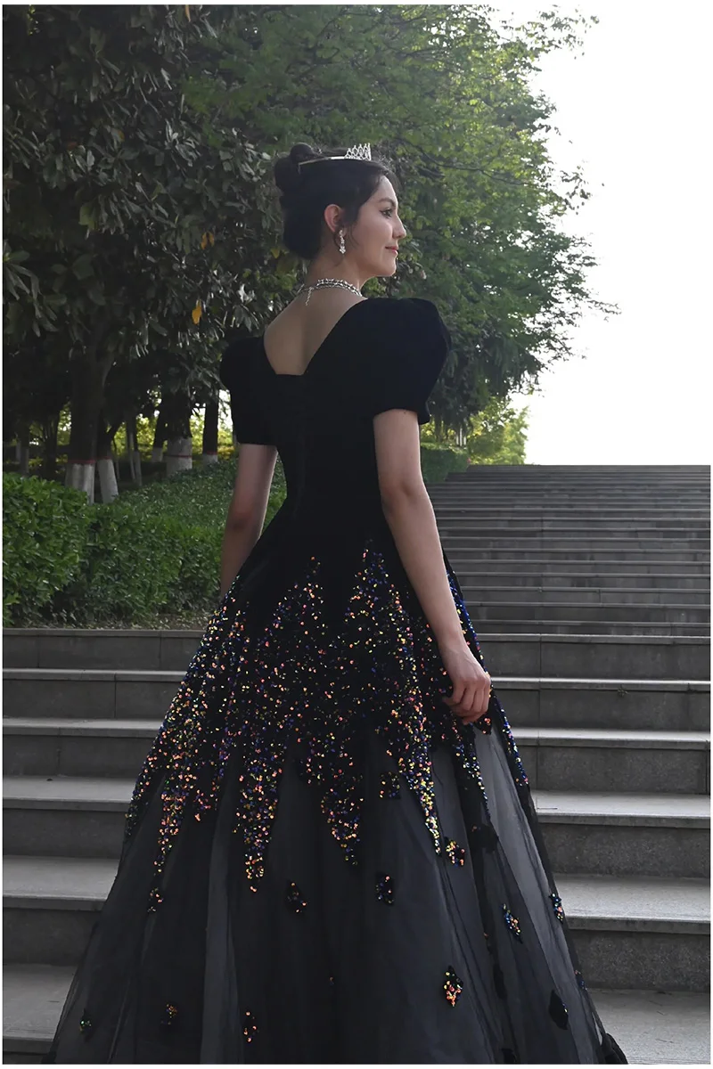 Customized  Black Evening Dress Puff Sleeve A-line V-neck Sequins Sparkling Elegant Formal Gowns for Women Vestidos De Noche