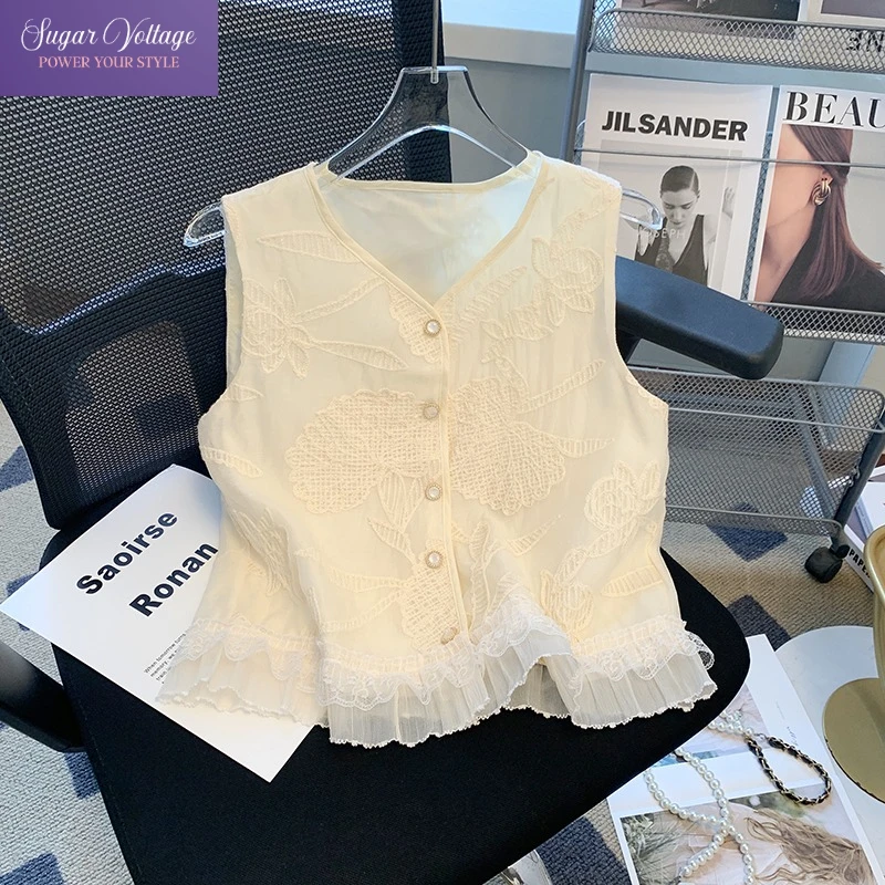 

French Chic Sleeveless Vest Tops Women Sequin Embroidery Lace Trim Blouse Petal Patchwork Design Elegant Summer Shirt Outfit New