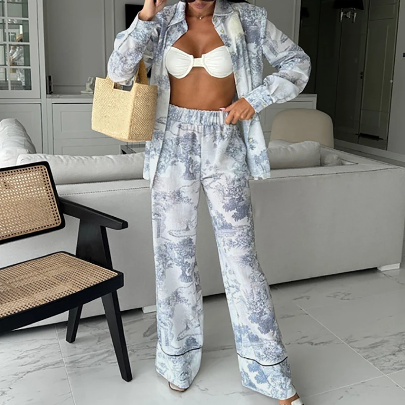 Women\'s Elegant Long Sleeve Loose 2 Piece Set New Autumn Pattern Printed Shirt Suit Casual Elastic Waist Straight Pants Outfit