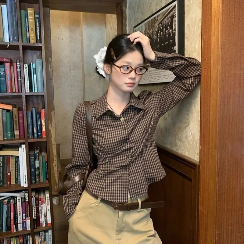 

2000s New American Style Plaid Shirt Top Y2k Long-sleeve Autumn Design Short Brown Slim Fit Shirts Harajuku Fashion Street Tops
