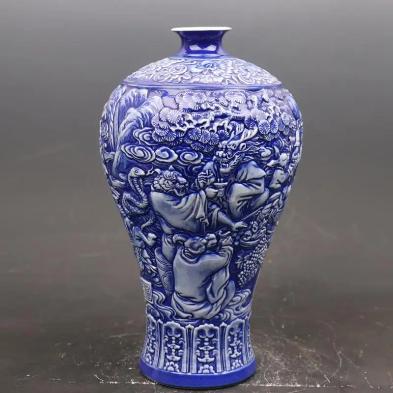 Chinese Qing Qianlong Blue Glaze Porcelain Relief Chinese Zodiac Vase 11.65