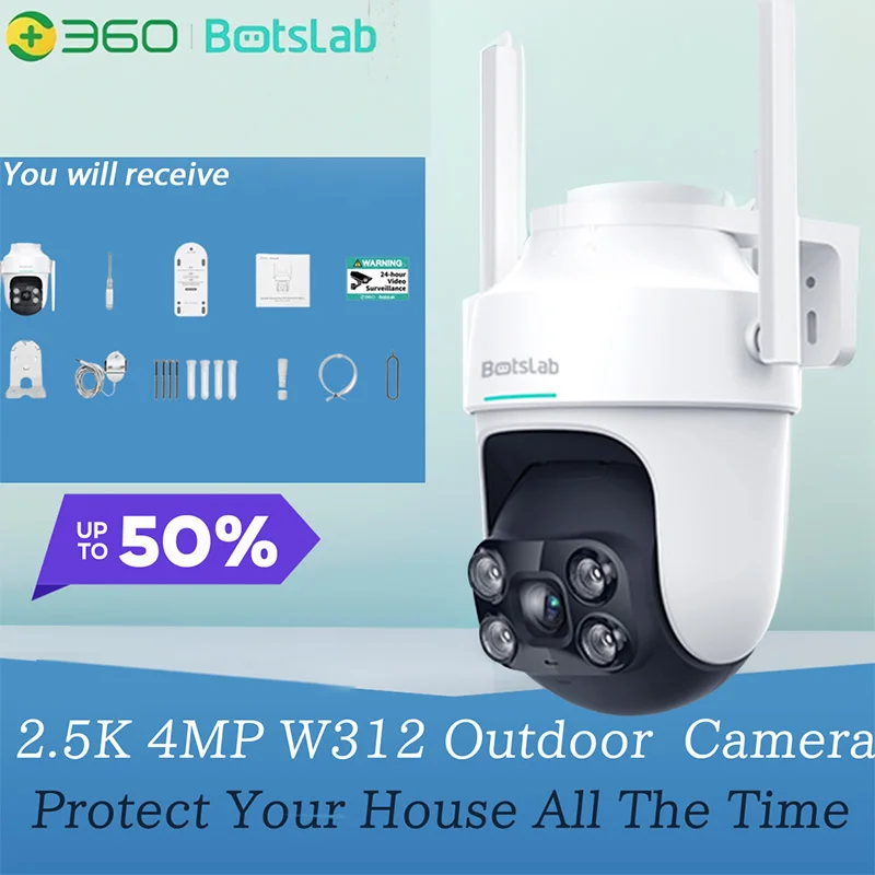 

Botslab 2.5K 4MP HD Outdoor Camera Wireless PTZ WiFi IP66 Smart Home Camera Siren and Light Alarm Full Color Night Vision Camera