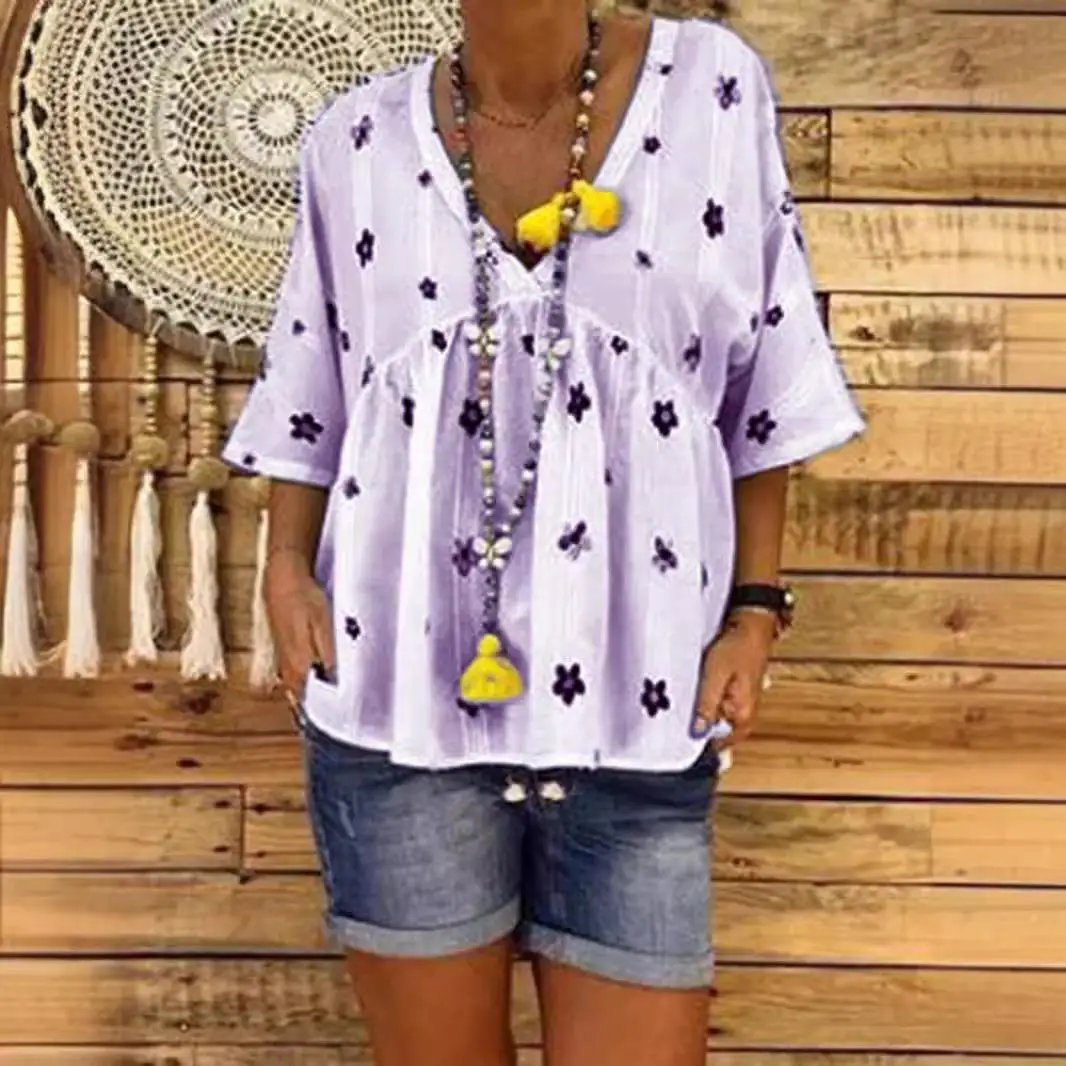 

Women's ort Sve Collared irt Asian Fit Polyester Casual Printed Top Faionable Summer Blouse Fem Clothing