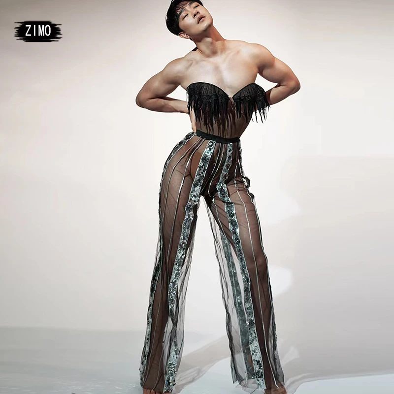 black mesh transparent sequin jumpsuit women sexy nightclub party wearing stage tassels drag queen performance costumes