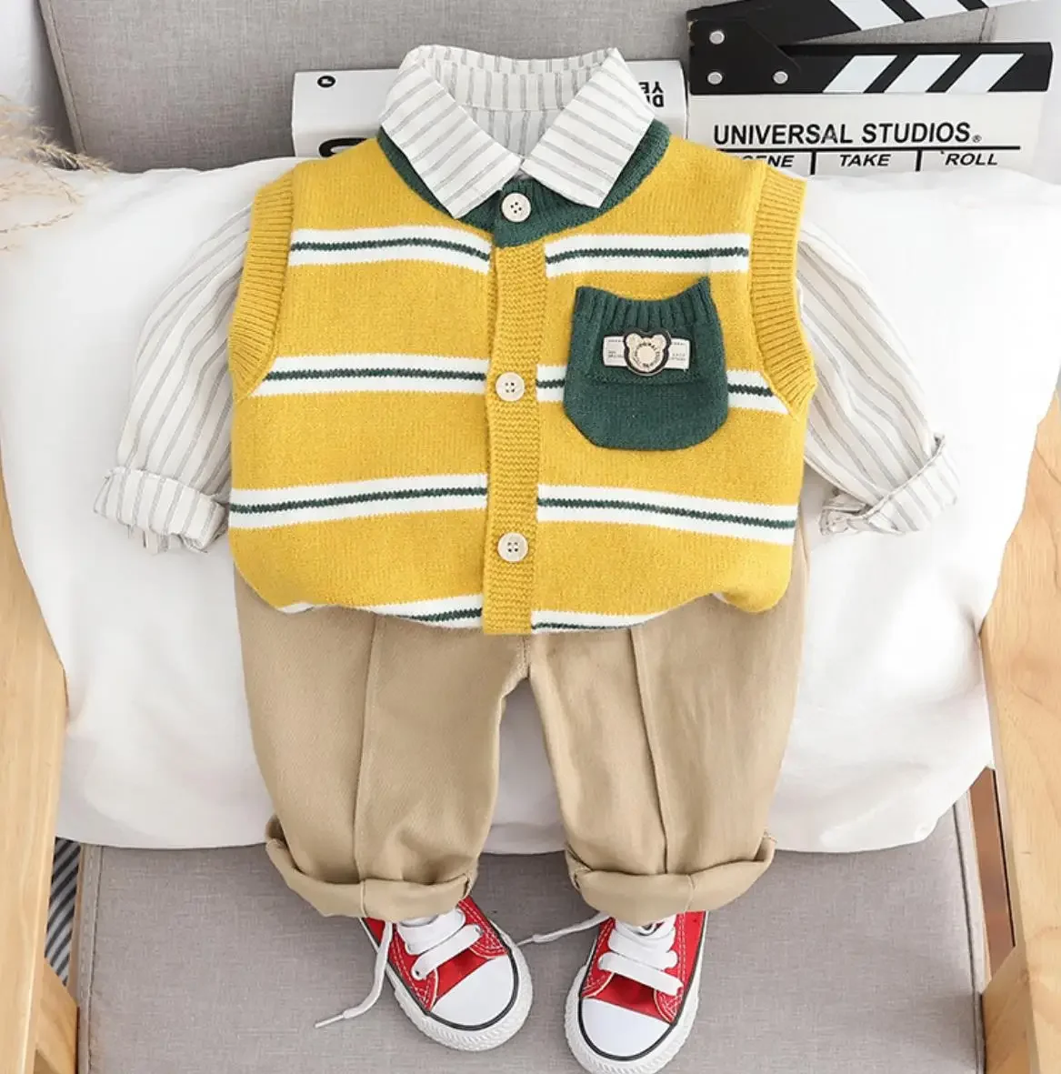 Korean Style Boys Set 6 To 12 Monthes Kids Infant Clothing Pocket Striped Knitted Sweater Vest+Shirts+Pants 3PCS Toddler Outfits