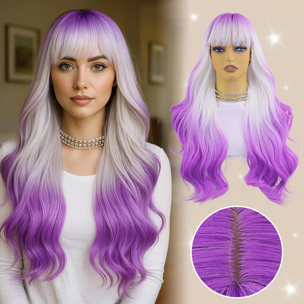

Ombre Белый Фиолетовый Парик для Женщин Синтетический Многослойный Парик для Лолиты Косплей Ежедневные Вечерние Женские Парики 30 дюймов Натуральный Парик с Челкой
