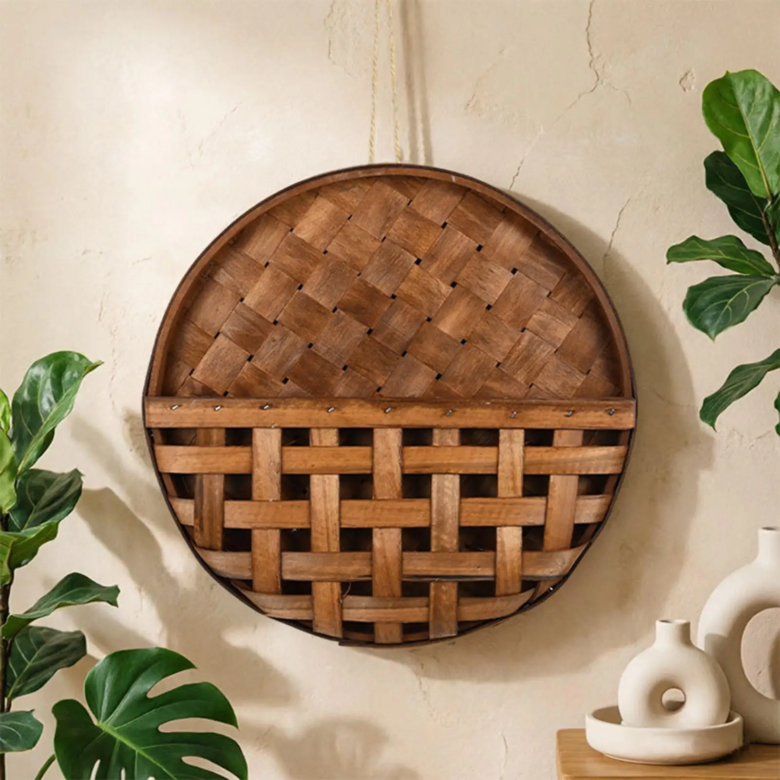 Woven Wall Baskets Rustic Woven Decorative Wooden Storage Organizer Plant Basket For Home Indoor Dried Flower Fake Plant