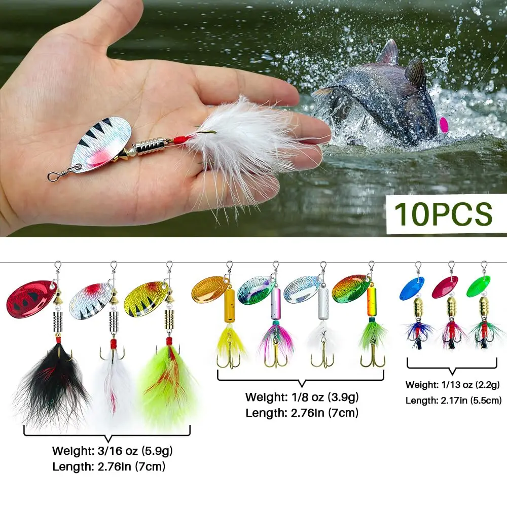 Fishing Lures 10pcs Spinner Lures Baits with Tackle Box, Bass Trout Salmon Hard Metal Rooster Tail Fishing Lures Kit