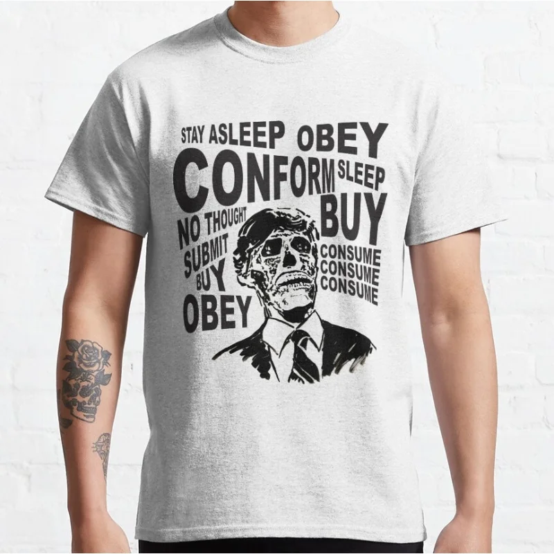 

BUY CONSUME Retro Sic-Fi They Live Gift T Shirt John Carpenter Vintage Horror movie Alien film Graphic clothes All size Tee