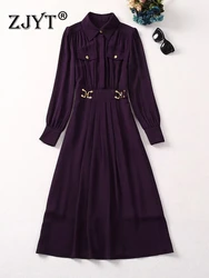 ZJYT 2024 Fashion Runway Spring Dresses for Women Long Sleeve Vestidos Elegant Turn Down Collar Casual Daily Midi Dress Purple