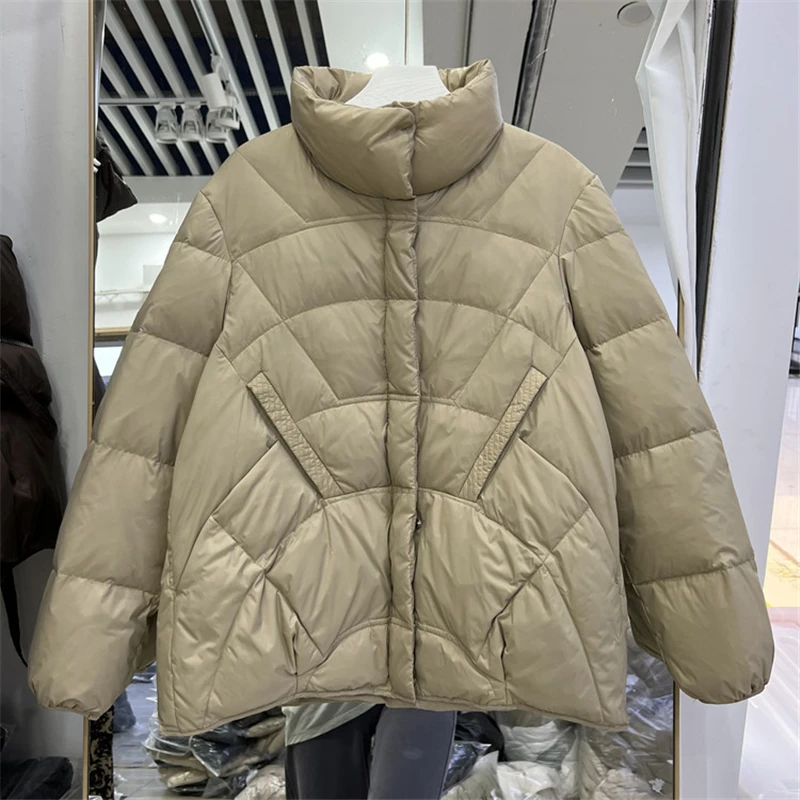 

2022 Winter Autumn Loose Padded Zipper Solid Color Jacket Stand Collar Casual All Match Warm White Duck Down Coat For Women