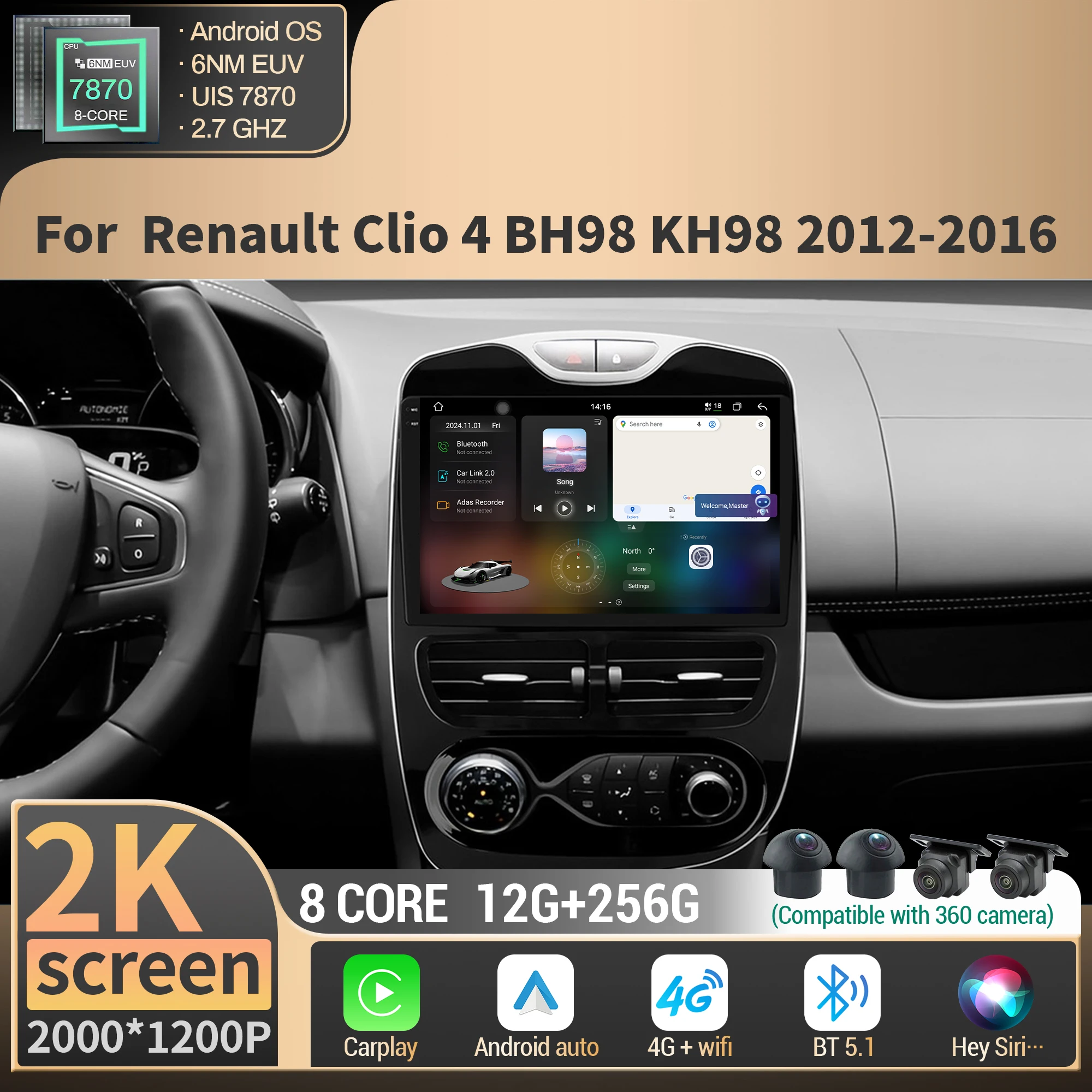 

For Renault Clio 4 BH98 KH98 2012-2016 Android Car Radio Multimedia Wireless Carplay Stereo GPS 4G CPU 7870 2K QLED Screen