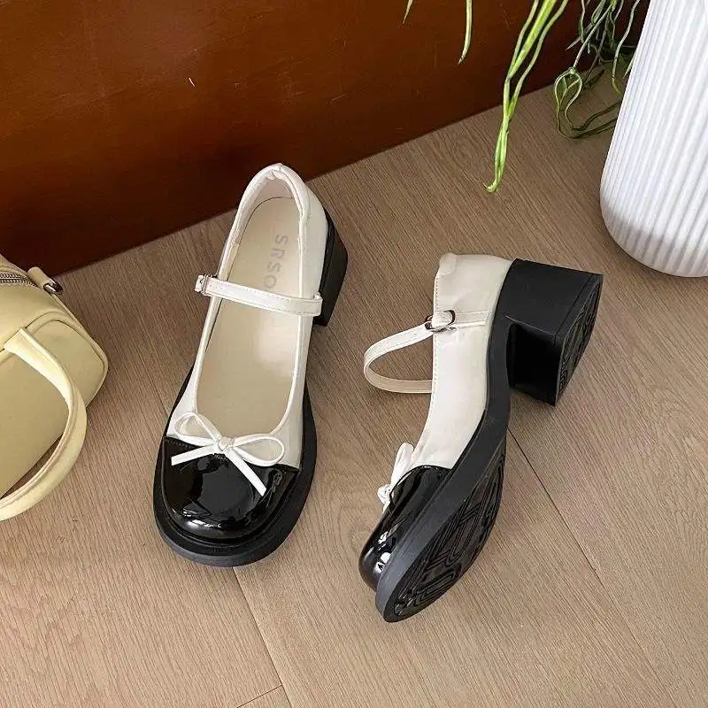 

French Mary Jane high-heeled small leather shoes, new retro thick-heeled bow small fragrant single shoes in the summer of 2026