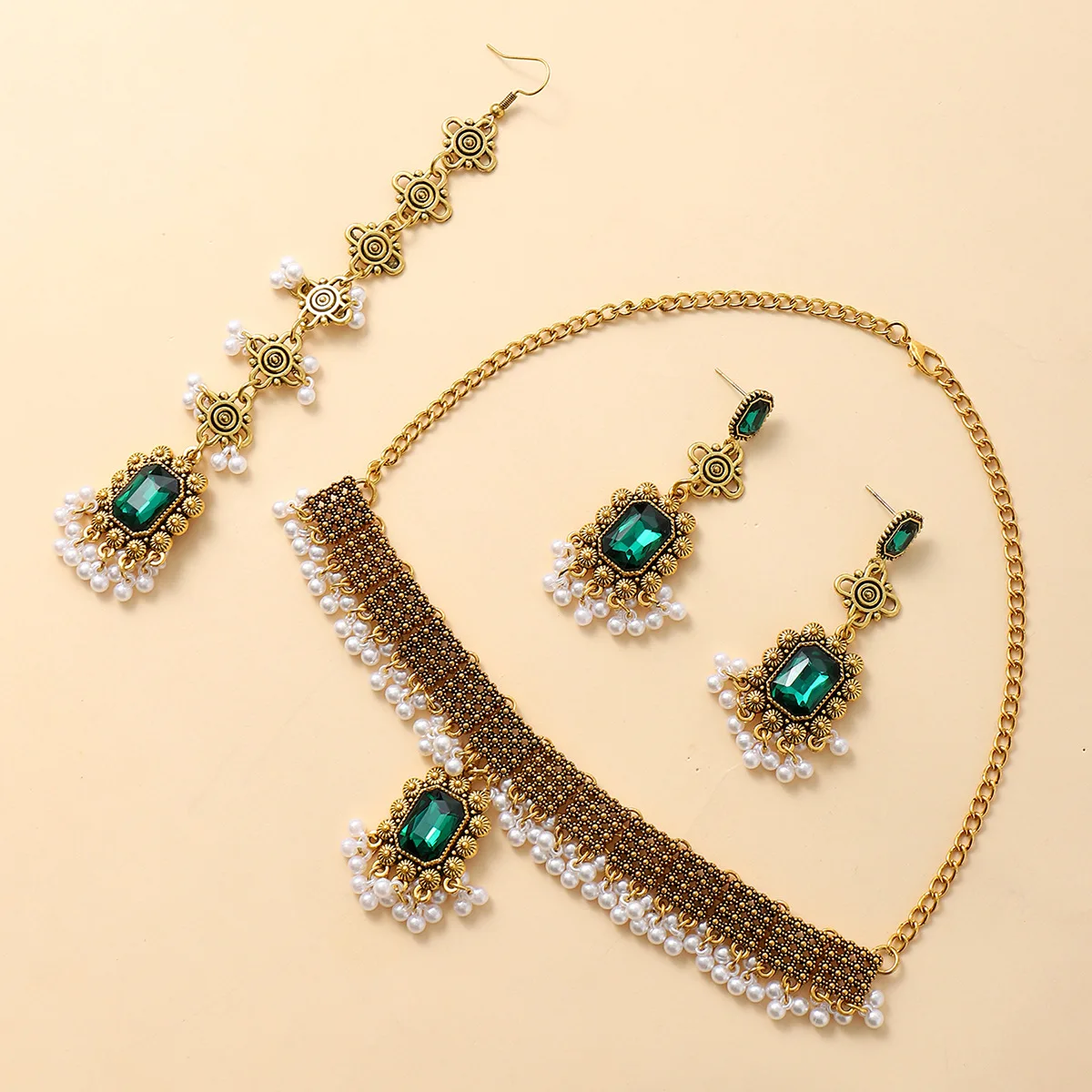 Retro necklace, pearl water drop earrings necklace, French medieval court style exaggerated collarbone chain set for women