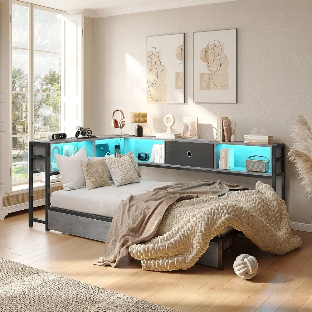 

Twin Platform Bed with LED Light and Charging Station, Beds Frame Daybed, Twin Size Corner Bed Frame with 2 Storage Drawers