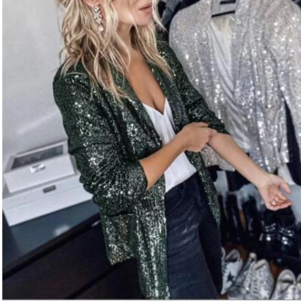 

Lapel Women Blazer Elegant Shinny Sequins Office Lady Blazers Spring Summer Casual Long Sleeve Fashion Slim Female Jacket Coat