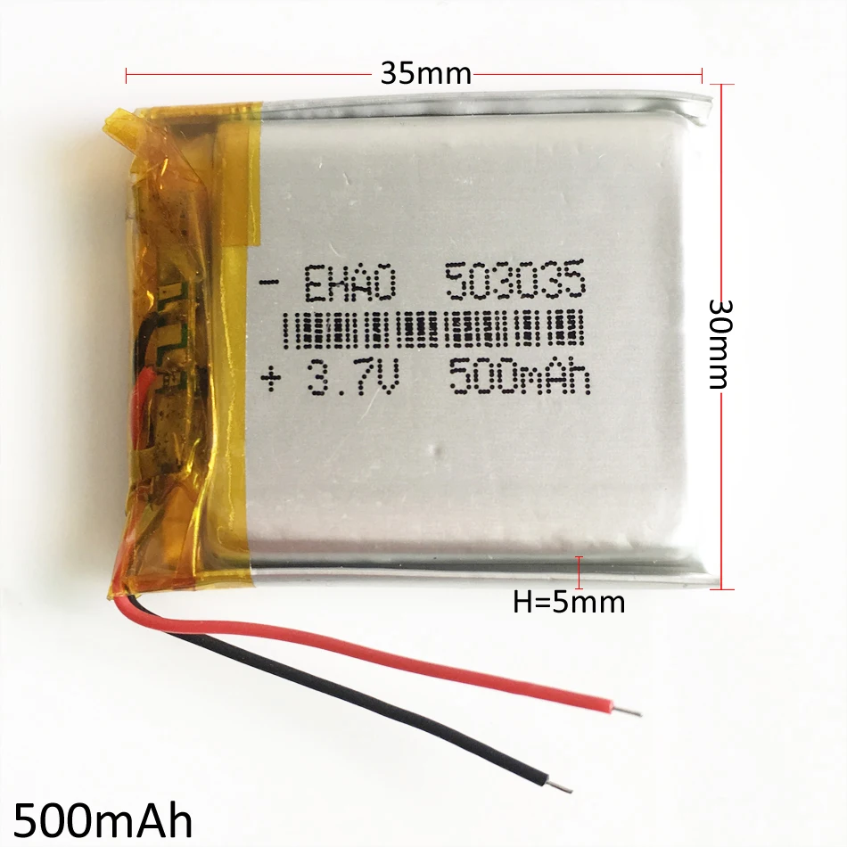 3.7V 500mAh 503035 + JST 1.25mm 2Pin wtyk litowo-polimerowa LiPo akumulator do GPS Bluetooth rejestrator słuchawkowy mp3 mp5