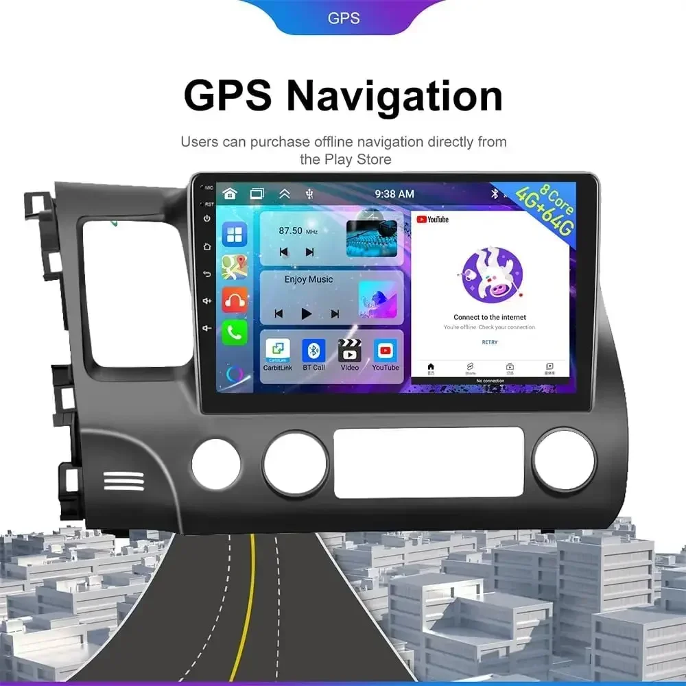 For 2006-2011 Honda Civic Android 13 In-Car Navigation System 10in Built-in with CarPlay+Android Auto/4+64GB - Left-Hand Drive