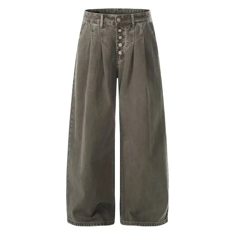 Men's High End Wide Leg Trousers European Casual Minimalist Olive Green Jeans Button Fly Pleated Comfortable Denim SJRO
