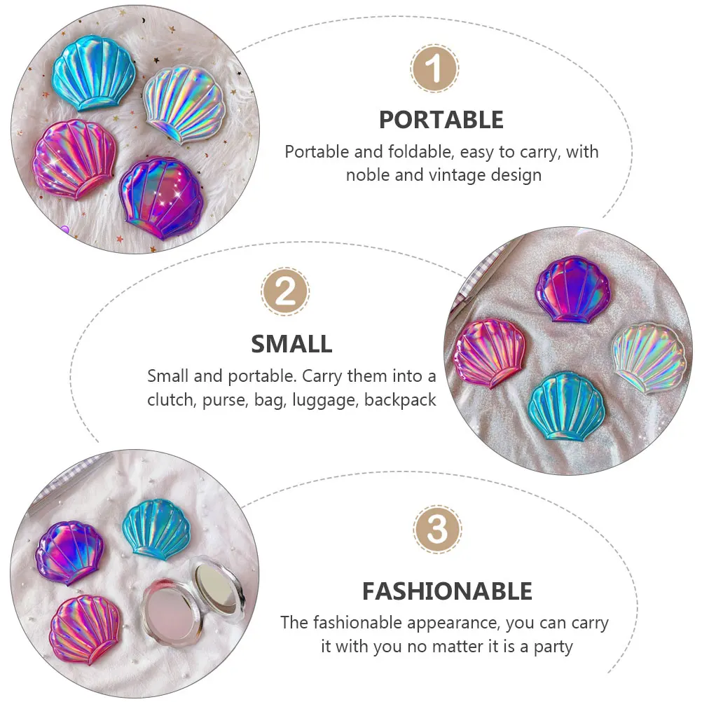 

2pcs Portable Foldable Shell Shape Double Sided Makeup For Women Compact Travel Mini Mirror Small