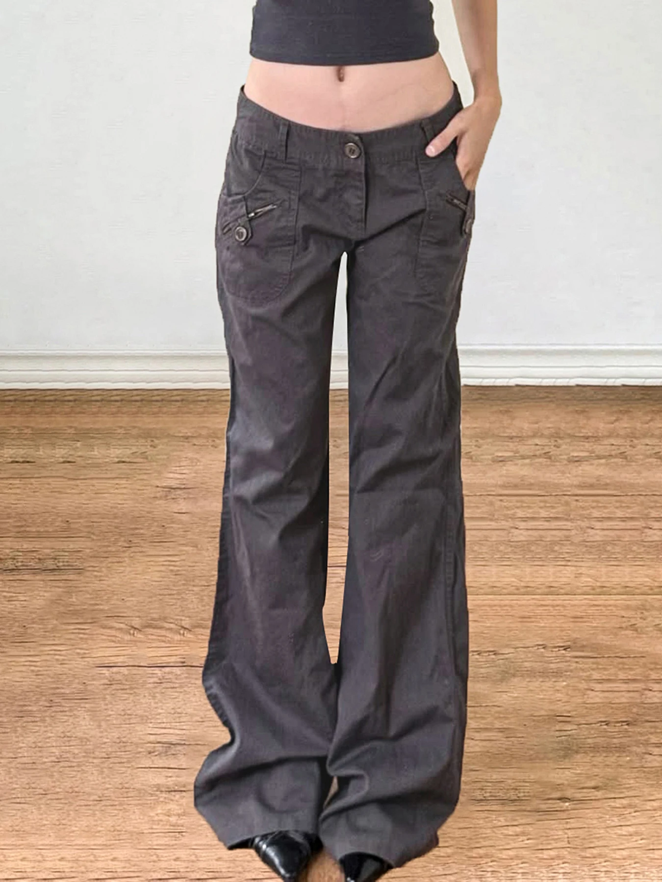 

Weekeep Distressed Grey Low Rise Jeans y2k Harajuku Loose Flared Denim Pants Women Casual Retro Cargo Jeans Streetwear Trousers